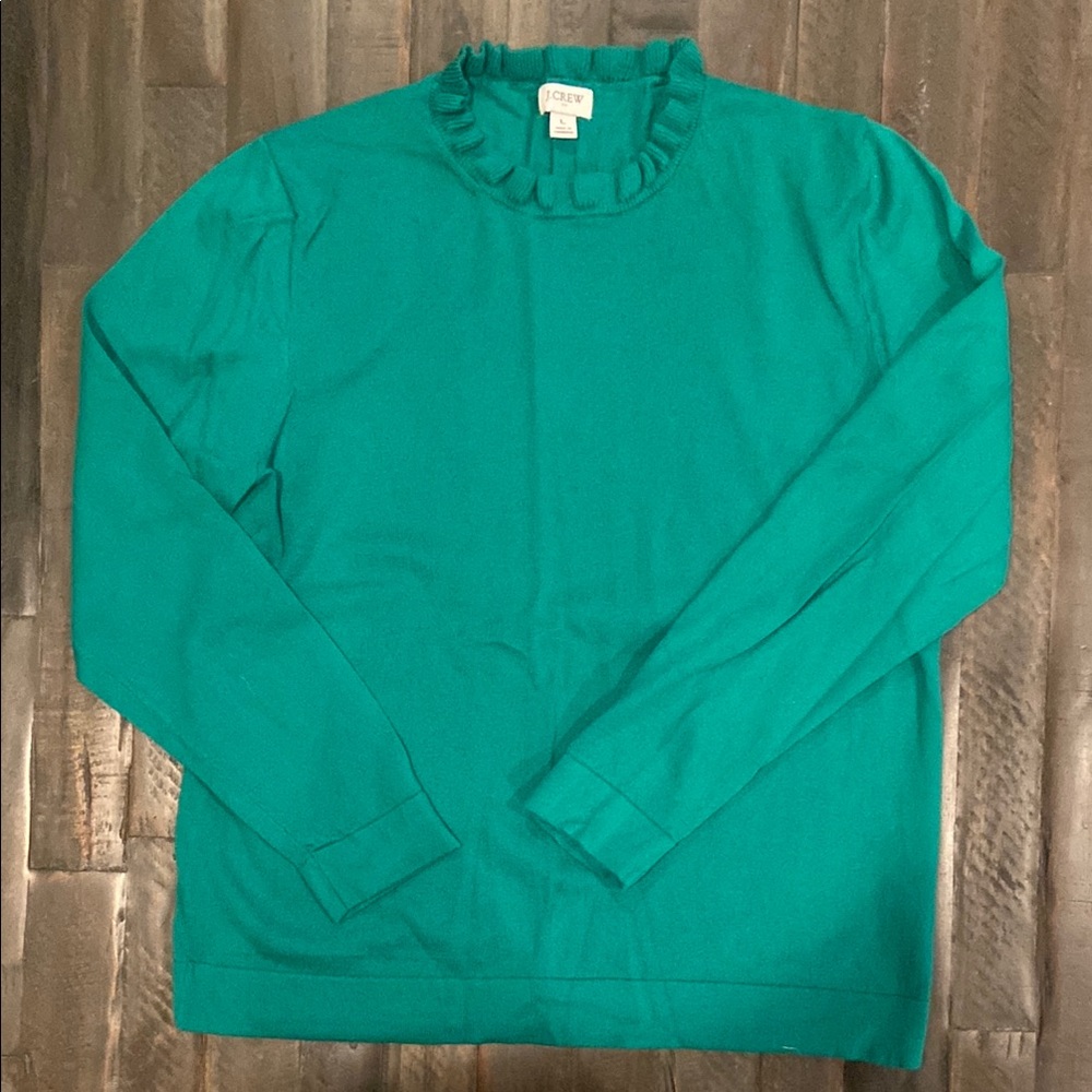J. Crew Green ruffle crew Neck Sweater